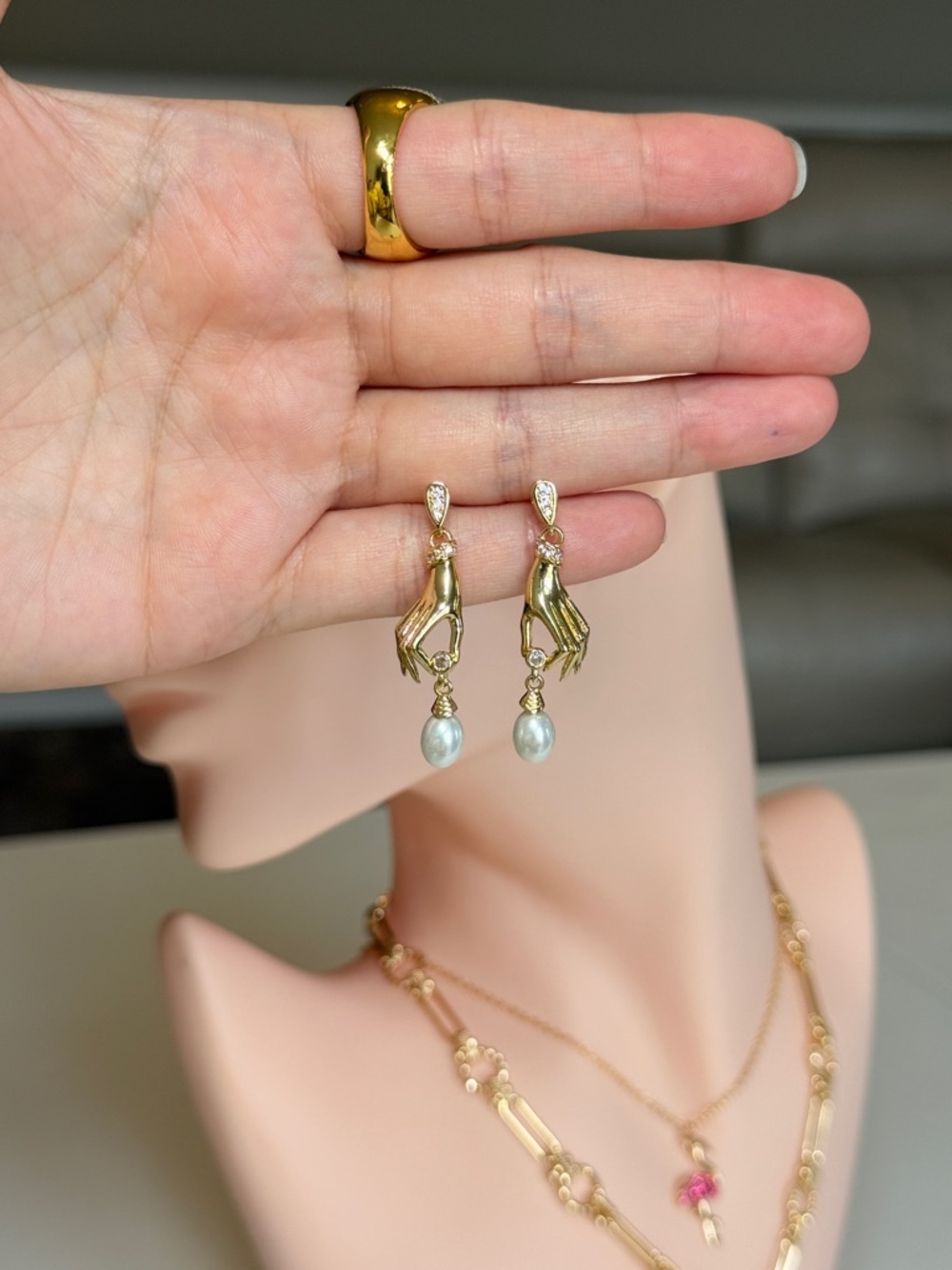 Gold Hand Pearl Drop Earrings - Picture 10 of 13